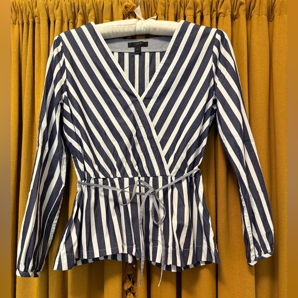 J. Crew Navy and White Striped Wrap Peplum Top for Work